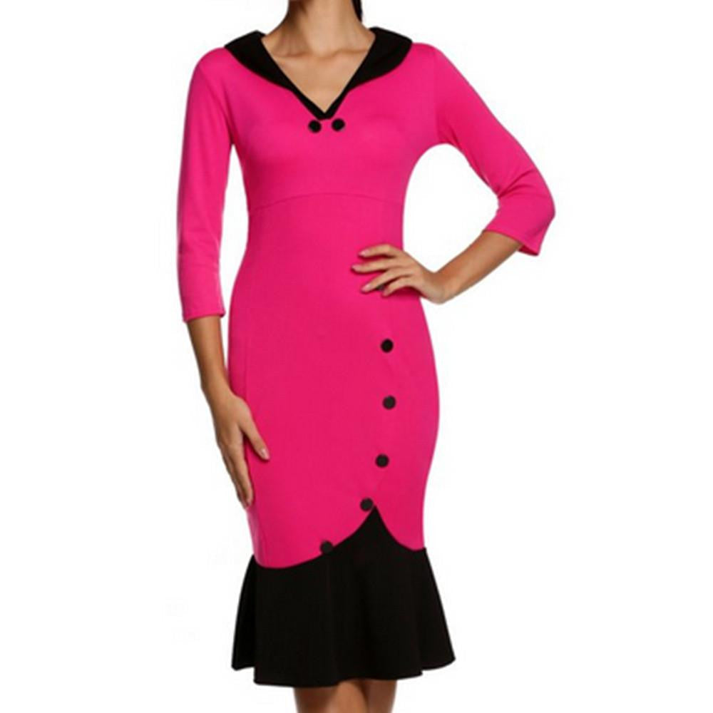 Womens Vintage Elegant Formal Lace Button Patchwork Tunic Wear To Work Party Wiggle Pencil Bodycon Dress
