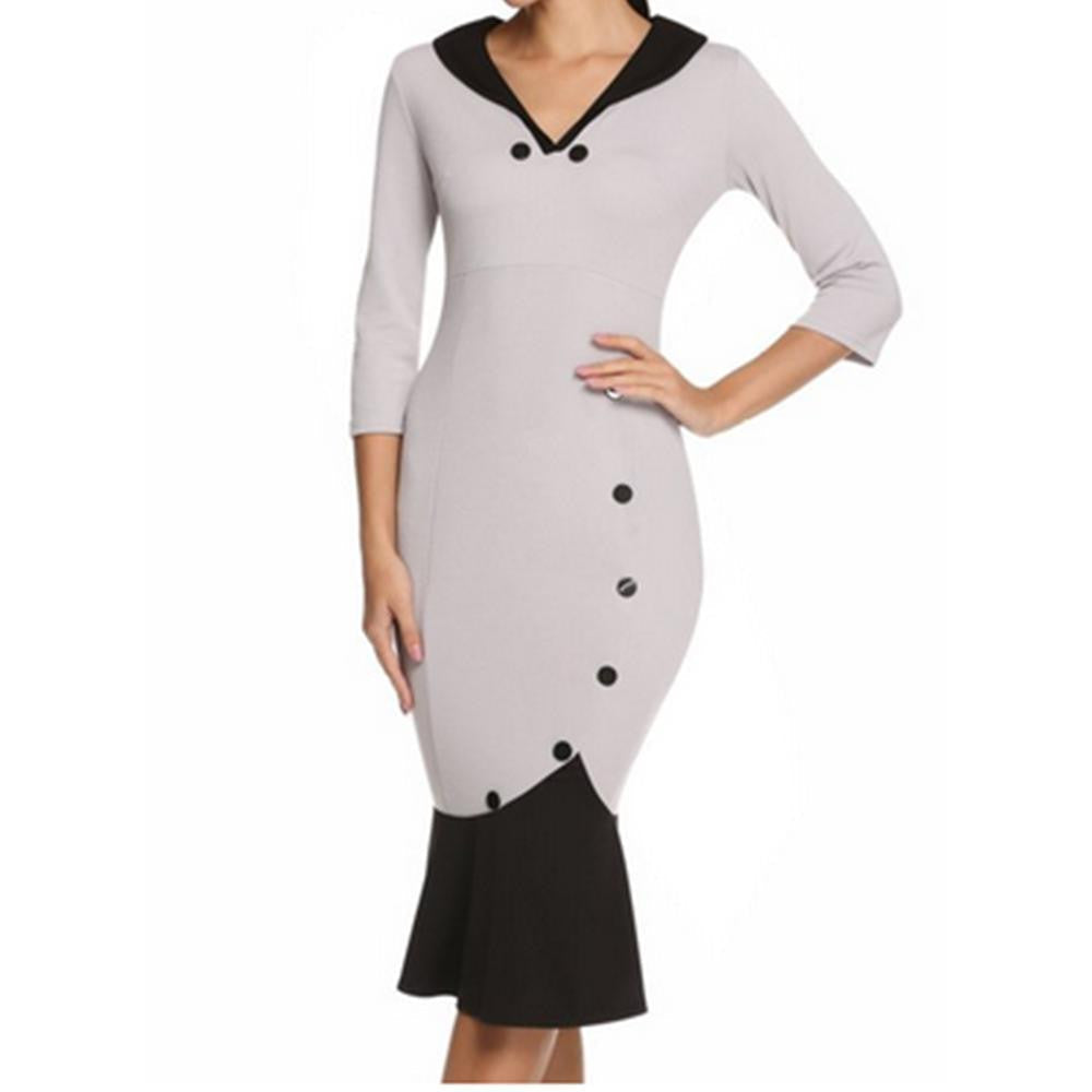 Womens Vintage Elegant Formal Lace Button Patchwork Tunic Wear To Work Party Wiggle Pencil Bodycon Dress