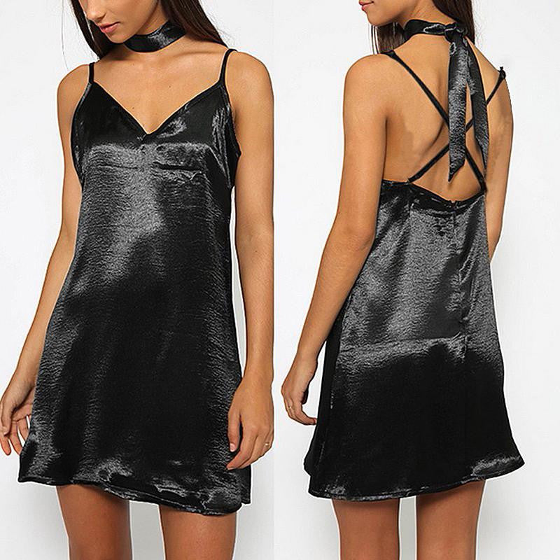 Summer Dress Halter V Neck Sleeveless Short Silk Satin Women Dresses Club Party Dress Plus Size