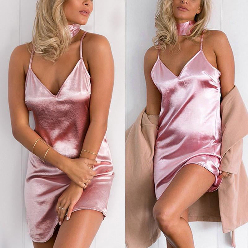 Summer Dress Halter V Neck Sleeveless Short Silk Satin Women Dresses Club Party Dress Plus Size