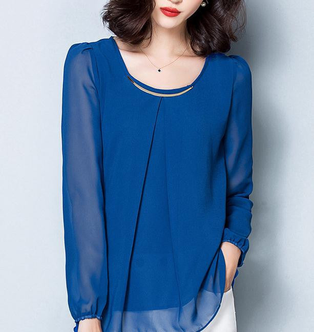 Fashion Women Blouses Elegant Long Sleeve O-neck Solid Color Chiffon Blouses Casual Shirts Women Tops