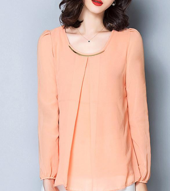 Fashion Women Blouses Elegant Long Sleeve O-neck Solid Color Chiffon Blouses Casual Shirts Women Tops