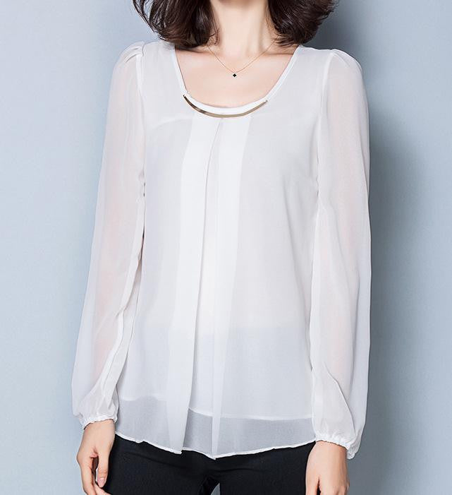 Fashion Women Blouses Elegant Long Sleeve O-neck Solid Color Chiffon Blouses Casual Shirts Women Tops