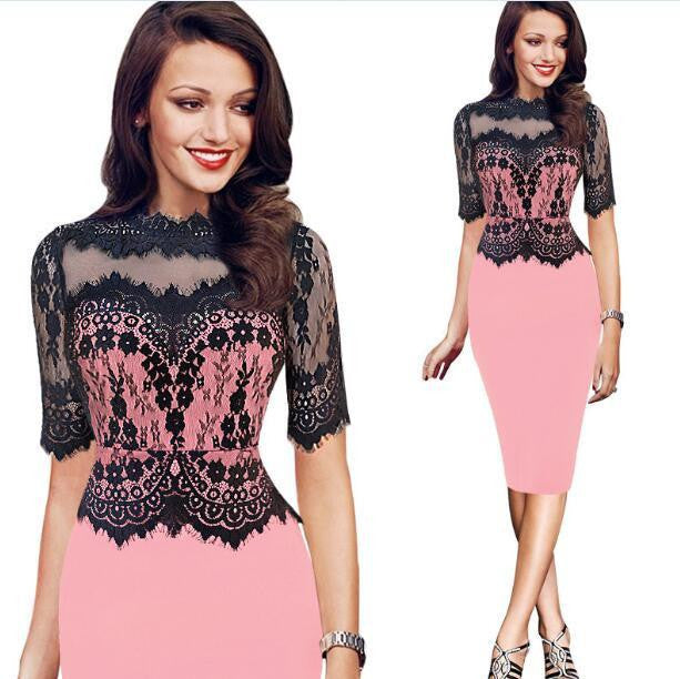 Summer Spring Party Lace Pencil Dress Red Green Pink Elegant Midi Dress Retro Women Clothing Work Office Dress