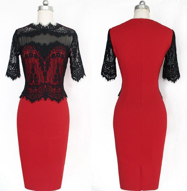 Summer Spring Party Lace Pencil Dress Red Green Pink Elegant Midi Dress Retro Women Clothing Work Office Dress