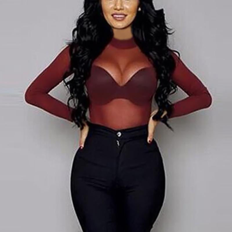 Women T Shirt See Through Transparent Mesh Tops Long Sleeve Sheer Slim Ladies Turtleneck T-Shirt