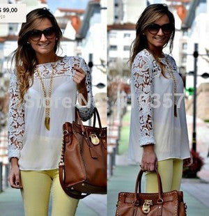 Online discount shop Australia - fashion Vintage Style Womens Elegant Crochet Openwork Lace Patchwork Blouses Crew Neck Long Sleeve Chiffon Shirts