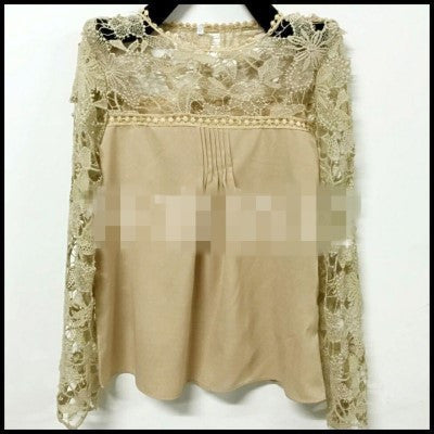 Online discount shop Australia - fashion Vintage Style Womens Elegant Crochet Openwork Lace Patchwork Blouses Crew Neck Long Sleeve Chiffon Shirts