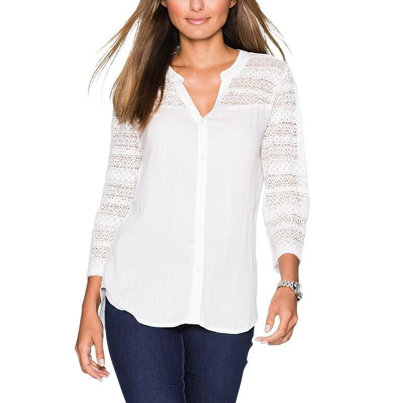 Women Clothing Pure Colour Line Casual Long Sleeve Openwork lace elegant Top T-shirt for Women