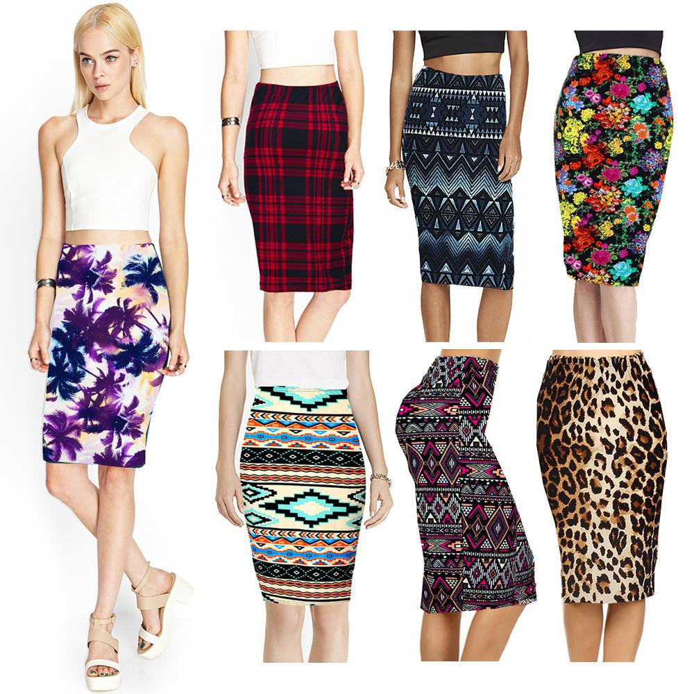 Vintage Fashion Printed Pencil Skirt Midi Women Knee-Length Elastic High Waist Ladies Pattern Skirts