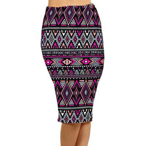 Vintage Fashion Printed Pencil Skirt Midi Women Knee-Length Elastic High Waist Ladies Pattern Skirts