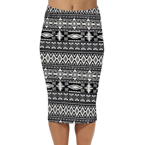 Vintage Fashion Printed Pencil Skirt Midi Women Knee-Length Elastic High Waist Ladies Pattern Skirts
