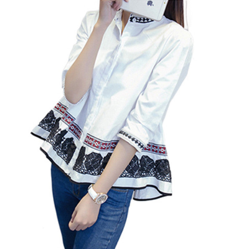 Online discount shop Australia - Lace Blouses Three Quarter Cotton Embroidery Ruffles Beads White Shirt