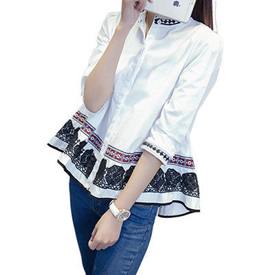 Online discount shop Australia - Lace Blouses Three Quarter Cotton Embroidery Ruffles Beads White Shirt