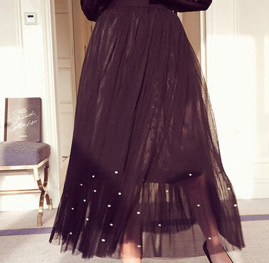 Online discount shop Australia - Elastic waist Lace flower length skirt new spring Korean female Pearl Beaded gauze skirt Tutu skirt body elegant skirt