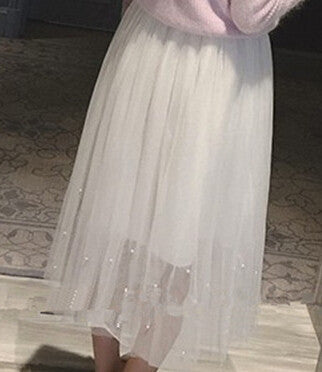 Online discount shop Australia - Elastic waist Lace flower length skirt new spring Korean female Pearl Beaded gauze skirt Tutu skirt body elegant skirt