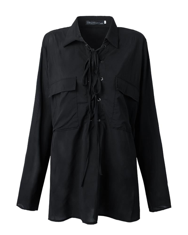 Online discount shop Australia - Lace Up Sexy Women Blouse Fashion Lapel Long Sleeve Solid Chiffon Shirts Female Casual Loose Top Plus Size