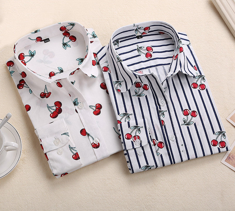 Floral Long SleeveBlouse Cherry Turn Down Collar Shirt Ladies Blouses Womens Tops Fashion