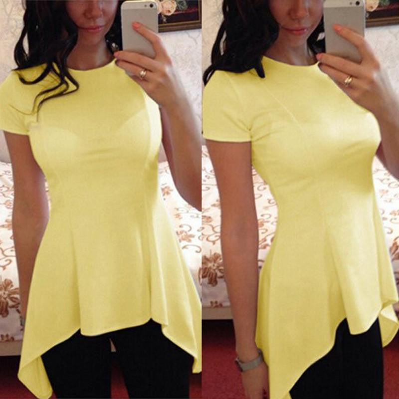 Women Blouse Ladies Short Sleeve O Neck Irregular Hem Peplum Waist Slim Fit Shirt Tops Plus Size S-4XL