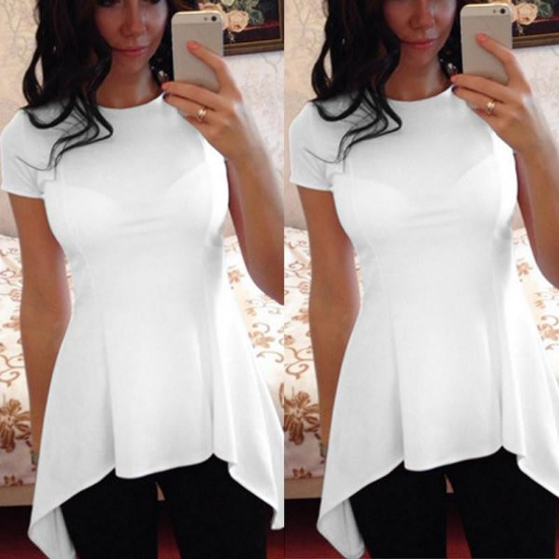 Women Blouse Ladies Short Sleeve O Neck Irregular Hem Peplum Waist Slim Fit Shirt Tops Plus Size S-4XL