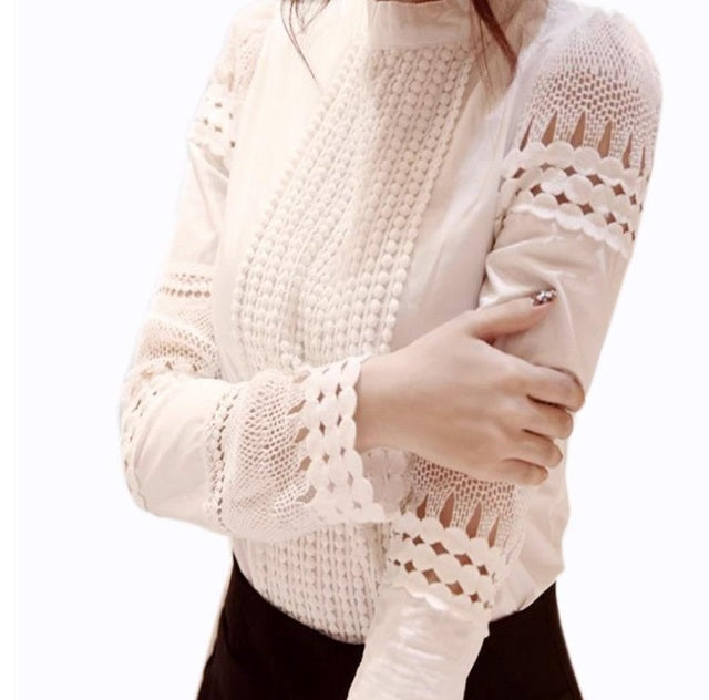 Women's Shirts Long-sleeved Blouses Slim Basic Tops Hollow Lace Shirts For Female J2531