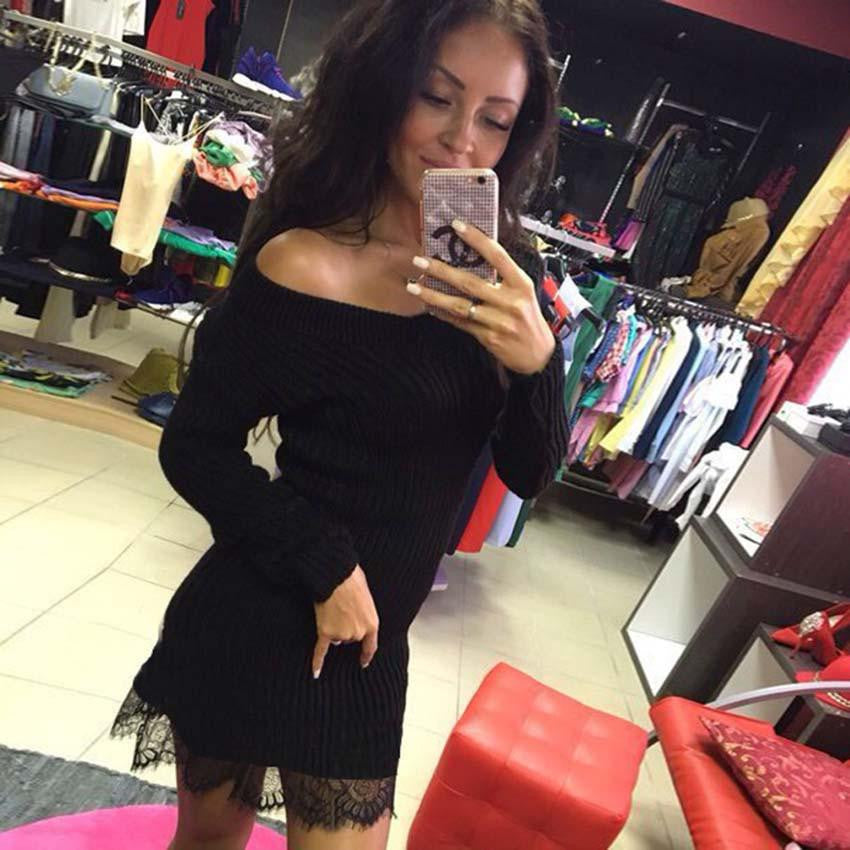 Women Knitting Dress Long Sleeve Short Pencil Knitted Dress Slim Bodycon Party Vestidos Lace Sweater Dresses