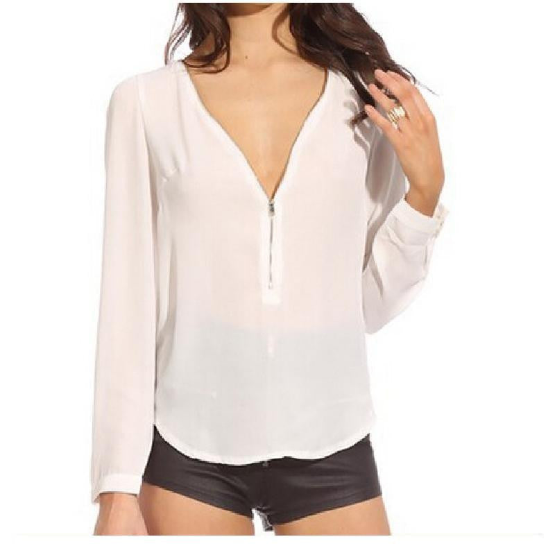 Women Blouses Sheer Work Ladies Office Shirts V-Neck Chiffon Tops Plus Size Long Sleeve H54