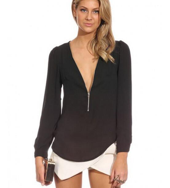 Women Blouses Sheer Work Ladies Office Shirts V-Neck Chiffon Tops Plus Size Long Sleeve H54