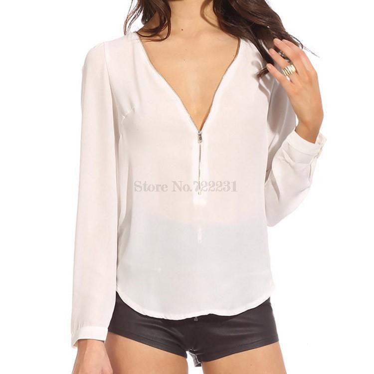 Women Blouses Sheer Work Ladies Office Shirts V-Neck Chiffon Tops Plus Size Long Sleeve H54