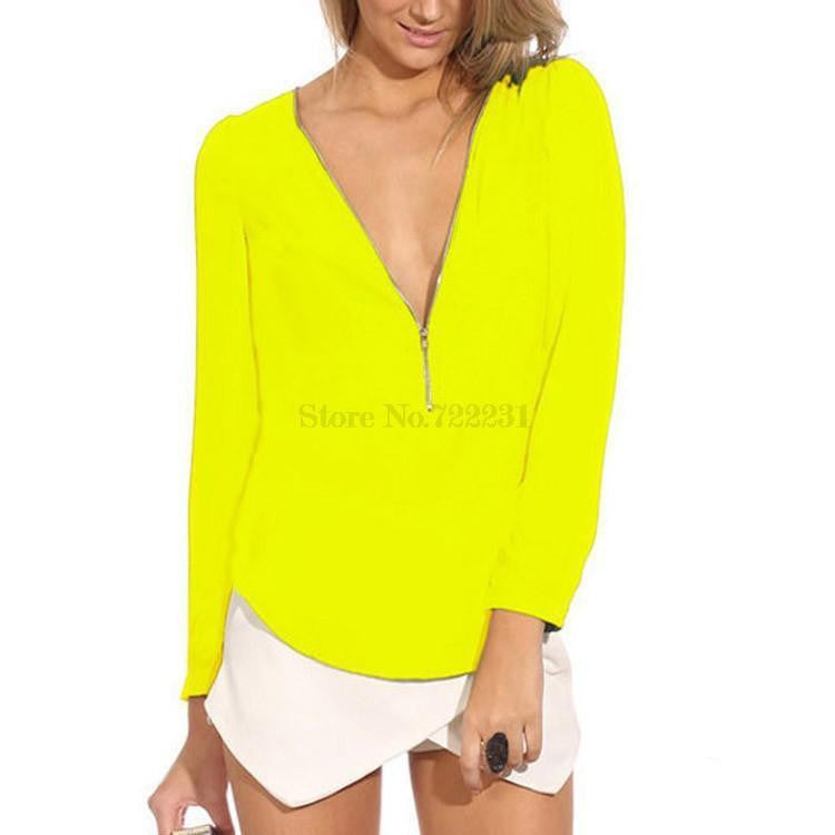 Women Blouses Sheer Work Ladies Office Shirts V-Neck Chiffon Tops Plus Size Long Sleeve H54