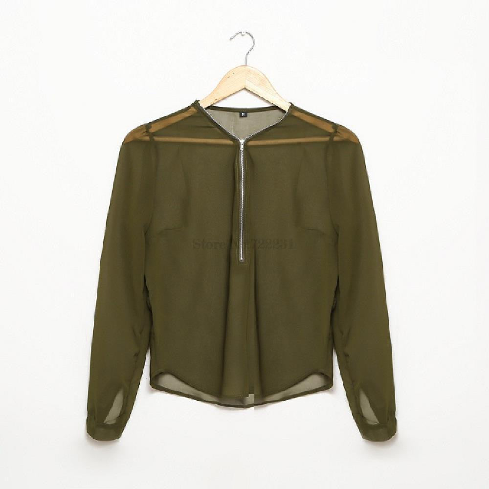 Women Blouses Sheer Work Ladies Office Shirts V-Neck Chiffon Tops Plus Size Long Sleeve H54