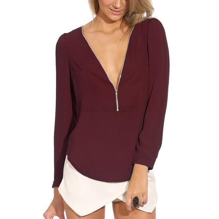 Women Blouses Sheer Work Ladies Office Shirts V-Neck Chiffon Tops Plus Size Long Sleeve H54