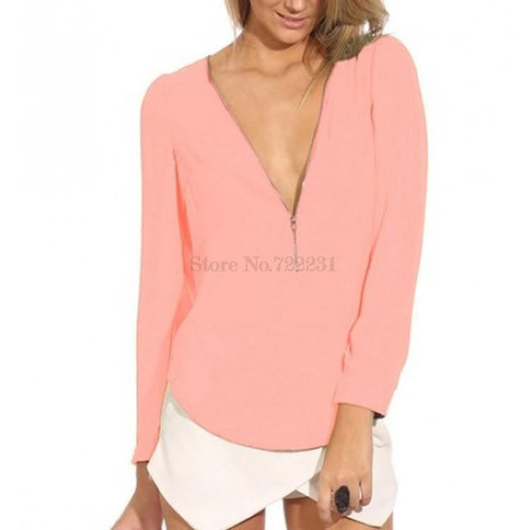 Women Blouses Sheer Work Ladies Office Shirts V-Neck Chiffon Tops Plus Size Long Sleeve H54