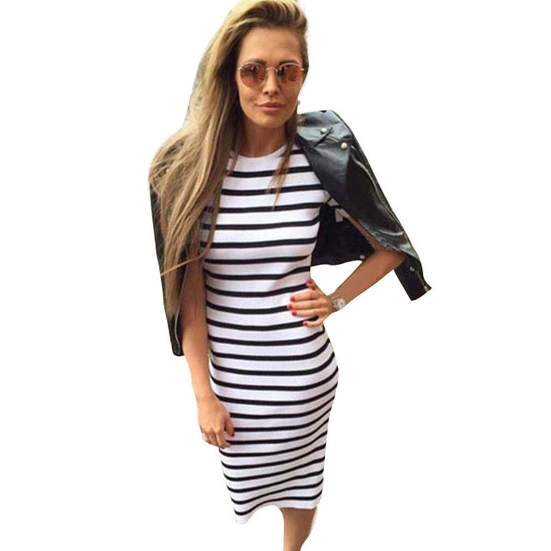 Online discount shop Australia - Dress Women Sheath Dresses Navy Stripes Short Sleeve Casual Large Plus Size Women Clothing Bodycon Dresses