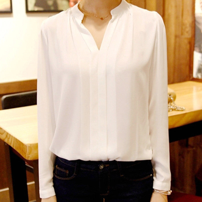 Tops Ladies White Pink Elegant V-neck Long Sleeve Shirts Women Chiffon Shirt Blouse Office Shirt Plus Size