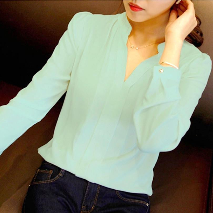 Tops Ladies White Pink Elegant V-neck Long Sleeve Shirts Women Chiffon Shirt Blouse Office Shirt Plus Size