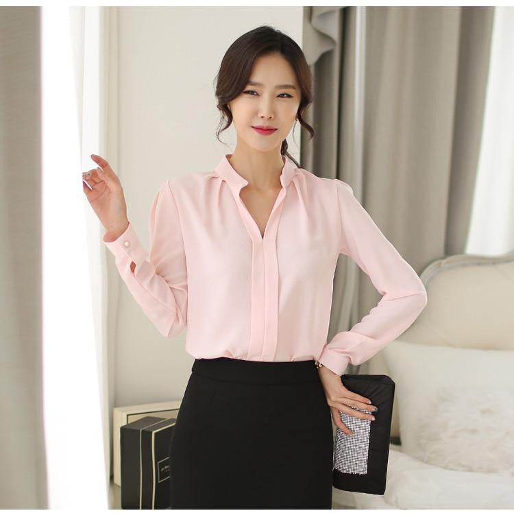 Tops Ladies White Pink Elegant V-neck Long Sleeve Shirts Women Chiffon Shirt Blouse Office Shirt Plus Size