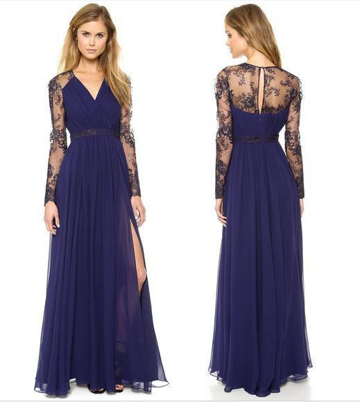 Summer Women Dress Maxi Dress Vintage Casual V-Neck Long-Sleeve Long Lace Dress