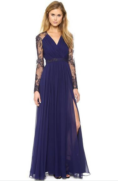 Summer Women Dress Maxi Dress Vintage Casual V-Neck Long-Sleeve Long Lace Dress