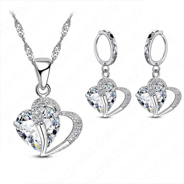 Women 925 Sterling Silver Cubic Zircon Necklace Pendant Earrings Sets Cartilage Piercing Jewelry Wedding Heart Design