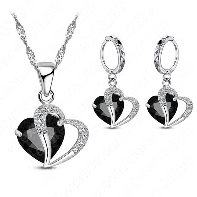 Women 925 Sterling Silver Cubic Zircon Necklace Pendant Earrings Sets Cartilage Piercing Jewelry Wedding Heart Design
