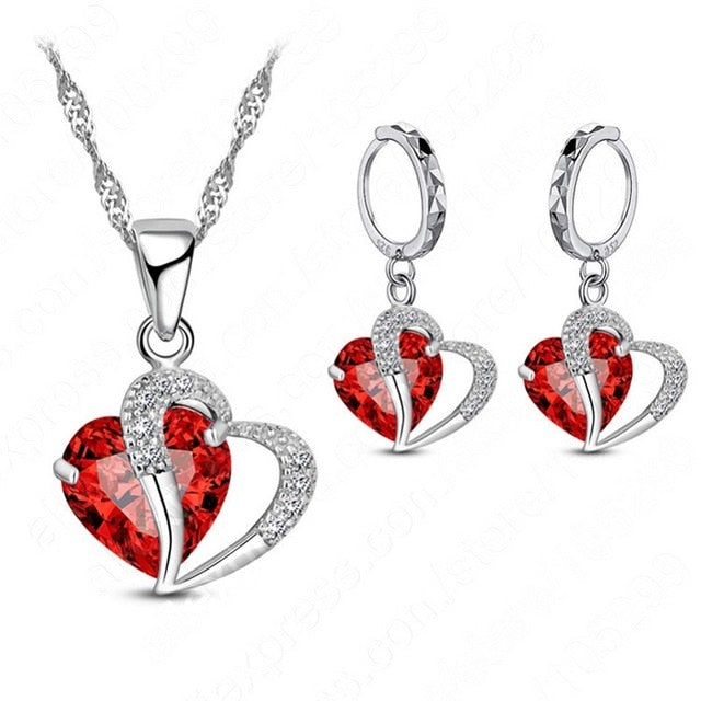Women 925 Sterling Silver Cubic Zircon Necklace Pendant Earrings Sets Cartilage Piercing Jewelry Wedding Heart Design