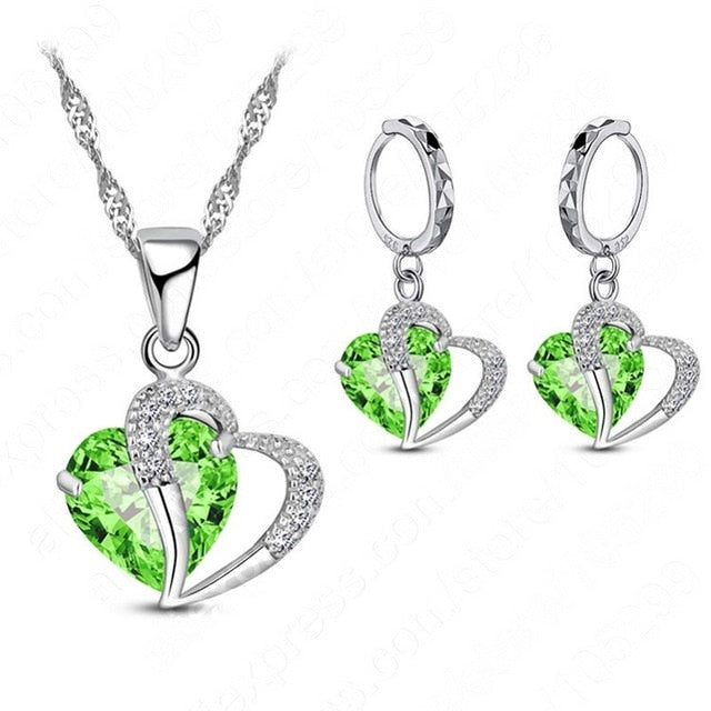 Women 925 Sterling Silver Cubic Zircon Necklace Pendant Earrings Sets Cartilage Piercing Jewelry Wedding Heart Design