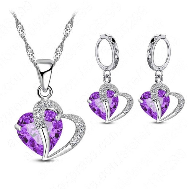 Women 925 Sterling Silver Cubic Zircon Necklace Pendant Earrings Sets Cartilage Piercing Jewelry Wedding Heart Design