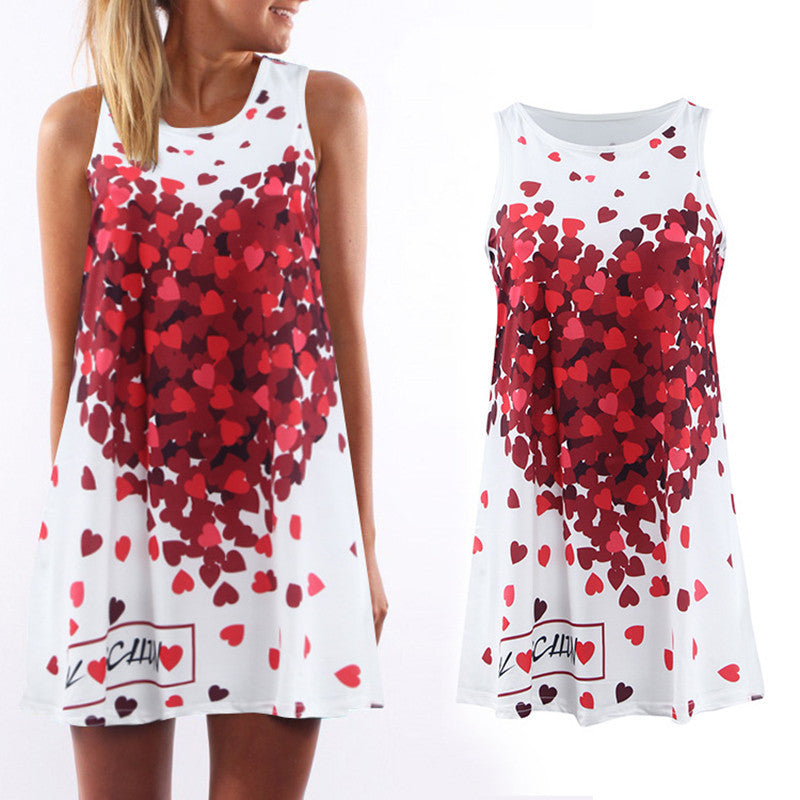 Online discount shop Australia - Bohemian women's dress loose sleeveless peach heart print dress sleeveless A-Beach Party Mini Dress