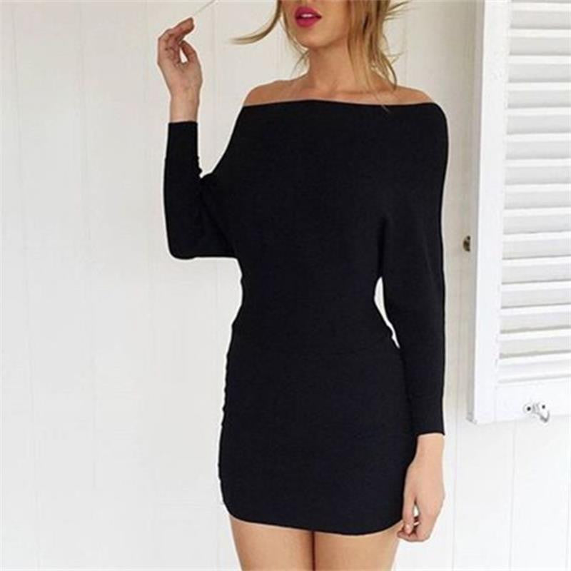 Winter fashion empire batwing sleeve knitting solid shealth sexy slash neck knit dresses 4 colors