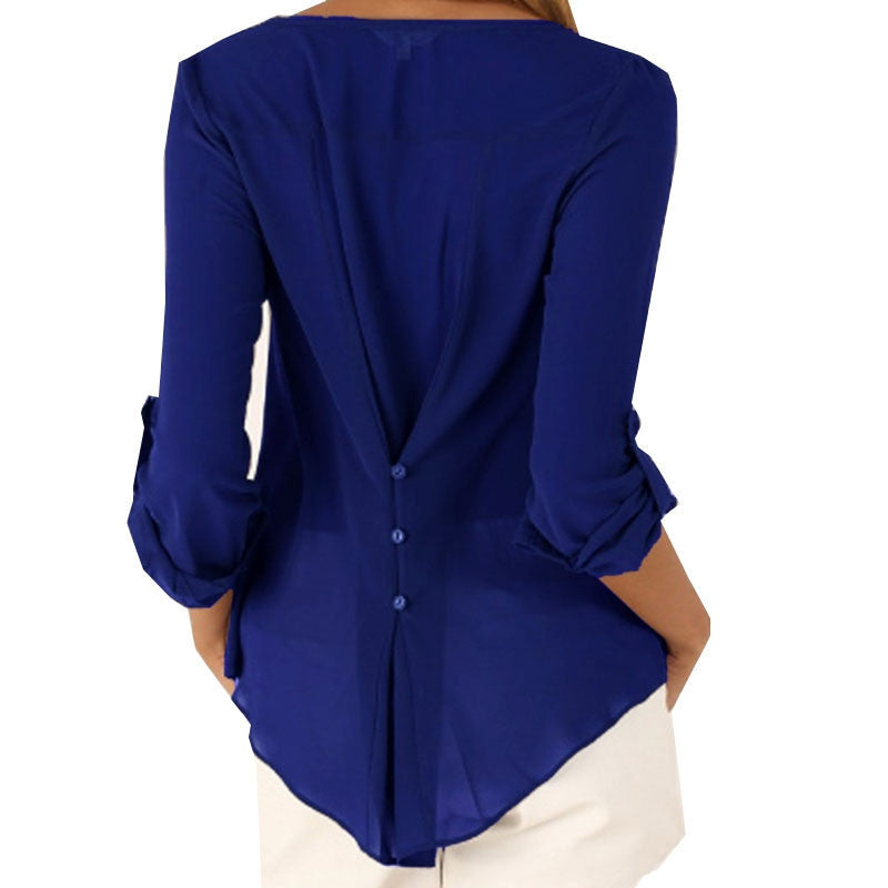 Online discount shop Australia - Fashion Style V-neck Long-sleeved Loose Plus Size Chiffon Shirt Solid Women Tops Chiffon Blouse For Women