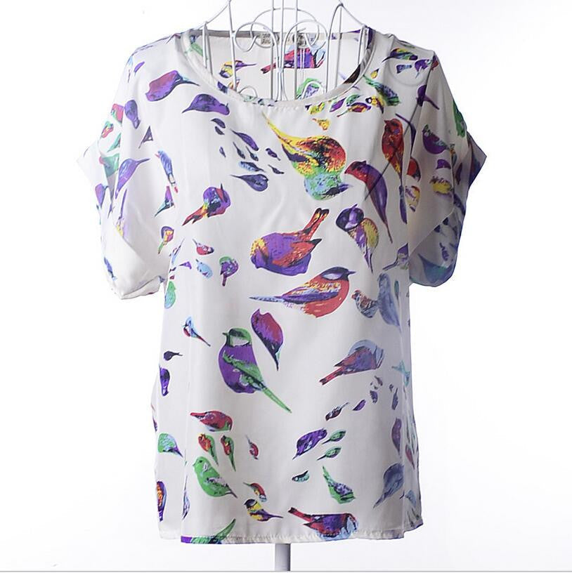 Large size women printing blouse bird bat shirt short-sleeved style