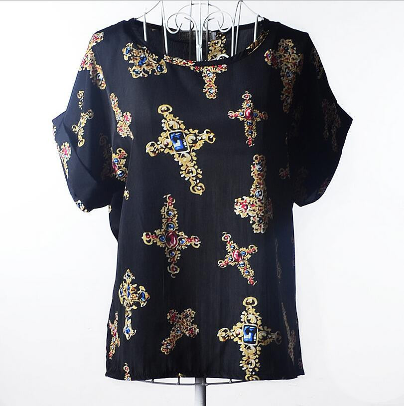Large size women printing blouse bird bat shirt short-sleeved style
