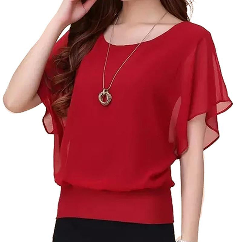 Women Blouse High Chiffon Soft Stretchy Fabric Plus Size XS-4XL Ruffle Batwing Short Sleeve Casual Shirt